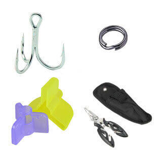 Fishing hooks, safety caps, split rings, fishing tools and accessories